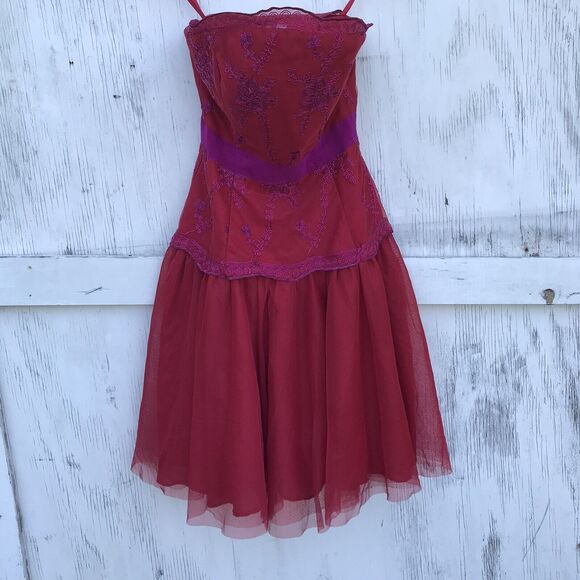 Pearl Georgina Chapman of Marchesa Red Mesh Lace Bustier Party Dress Size 0 - Picture 1 of 10